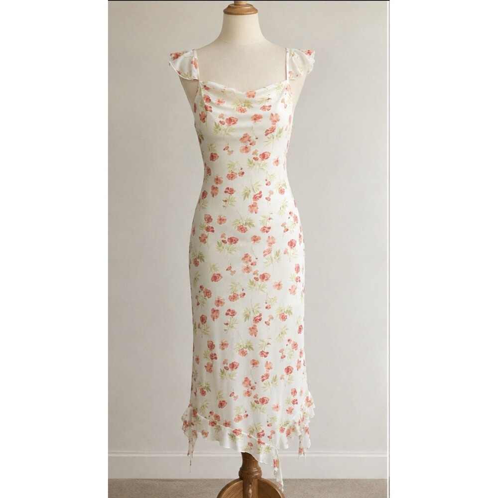 Kirious Los Angeles Floral Mesh Slip Dress XS Cowl Asymmetric Tassel Hem Fairy